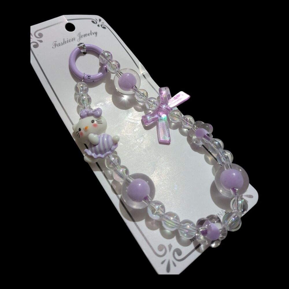 Kawaii Purple Beaded Keychain Bag Charm w/ Bow & Kitty Charm Cute Pastel